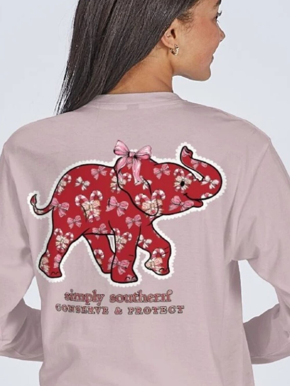 NWT Simply Southern Candy Cane Elephant Graphic Long Sleeve Tracker Shirt
